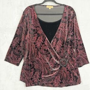 Notations Womens Velvet Faux Wrap Top 2X Black/Red Glitter Paisley Party Holiday
